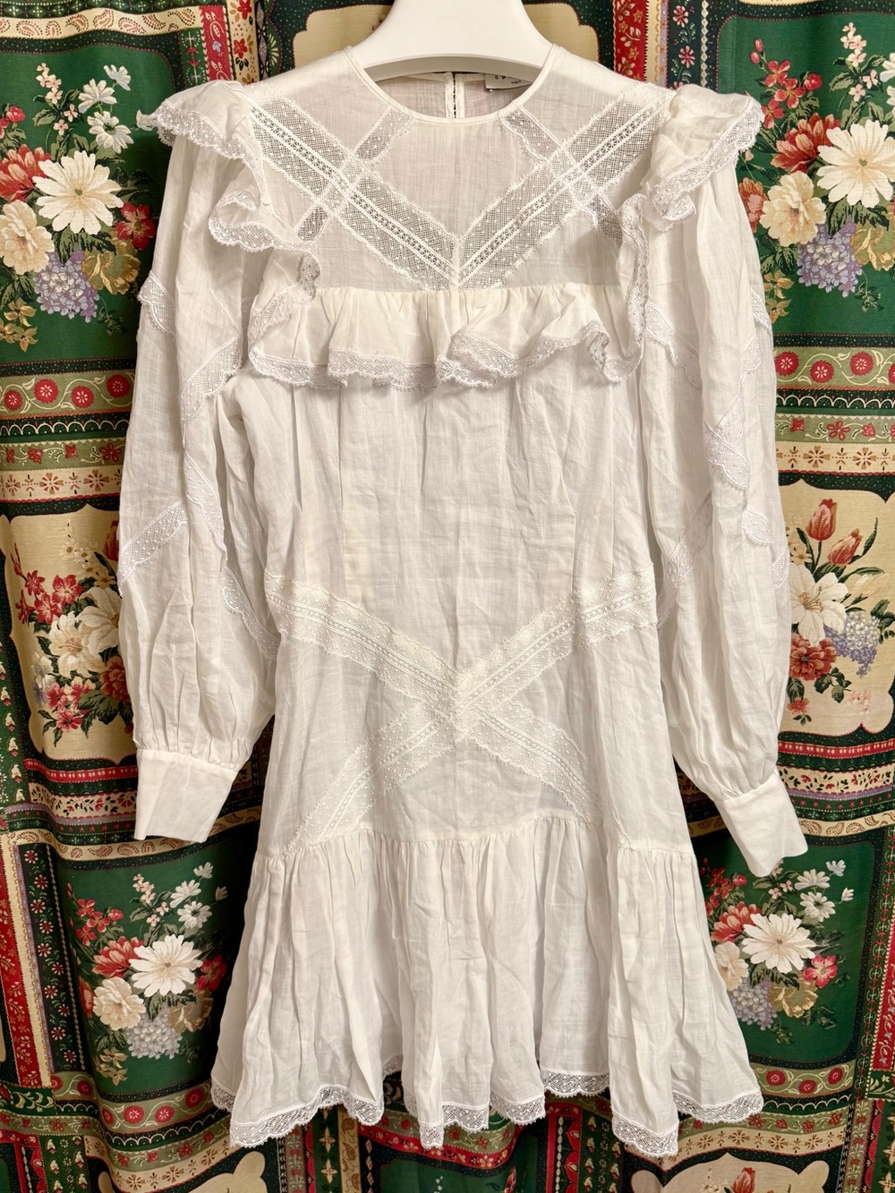 Sandro Paris Belem Dress Long Puff Sleeves Lace Ruffle Mini Ecru White NWT 36